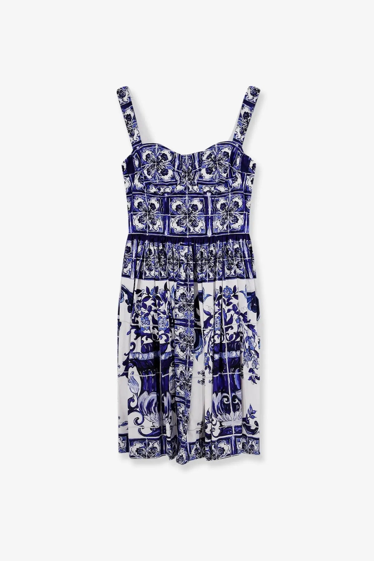 Dolce &amp; Gabbana women’s blue and white cotton dress with sleeveless fitted bodice and flared skirt floral tile pattern