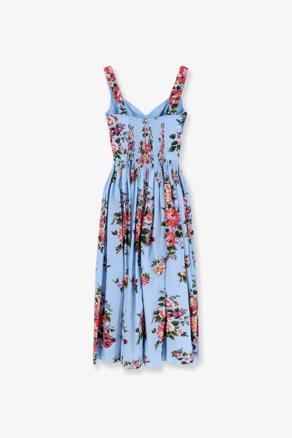 Dolce &amp; Gabbana women’s cotton dress white featuring a light blue floral print midi design with thin straps and gathered waist
