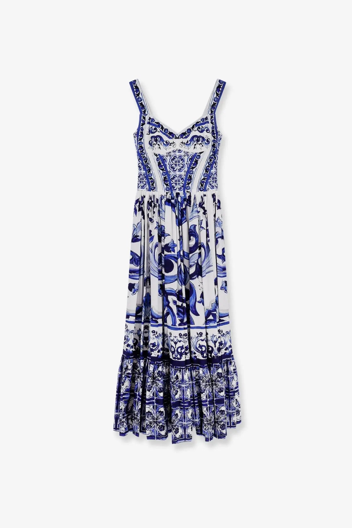 Dolce &amp; Gabbana women’s cotton long dress in blue with flowing white and porcelain-inspired patterns