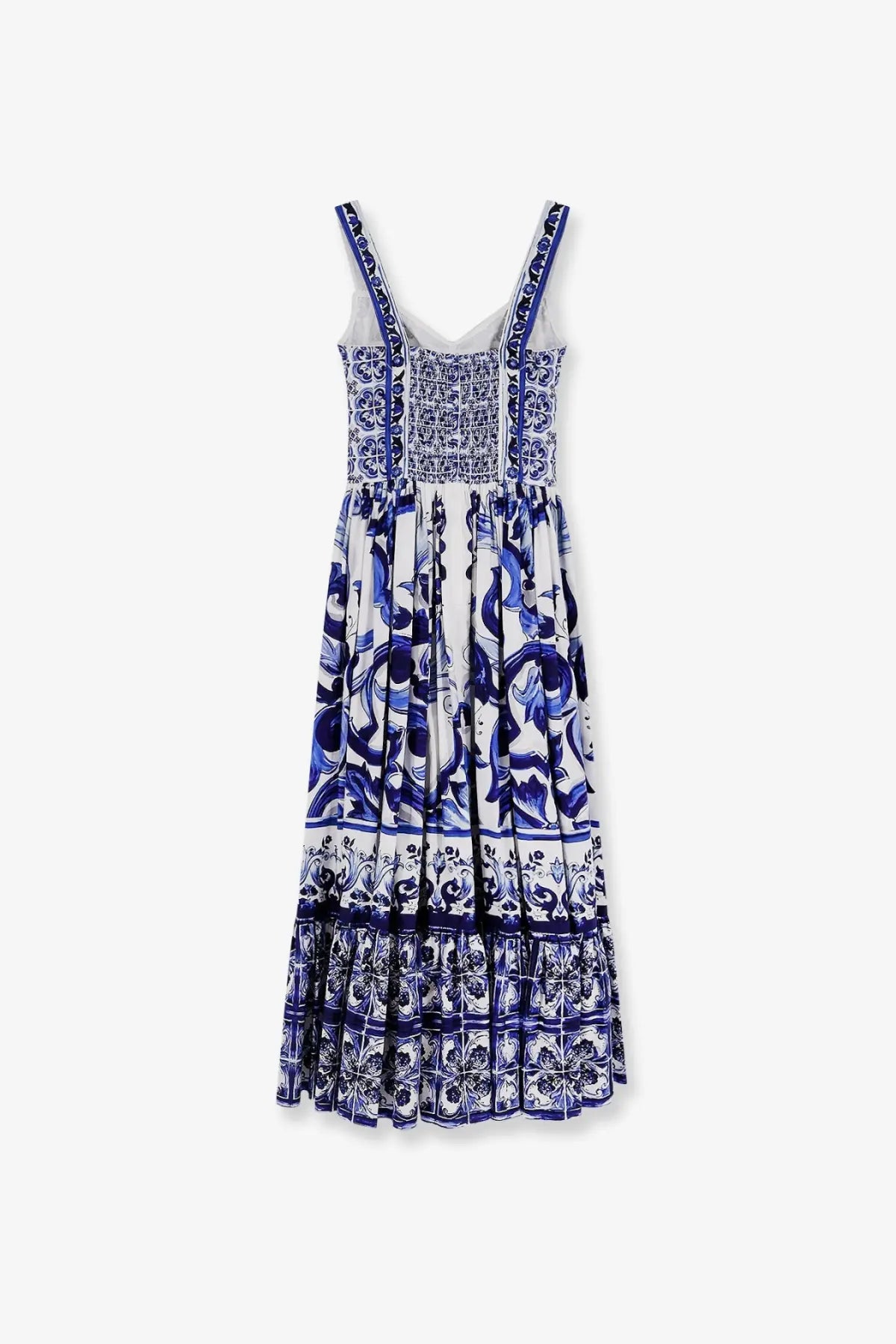 Dolce &amp; Gabbana women’s cotton long dress in white and blue with tile-inspired patterns and thin straps