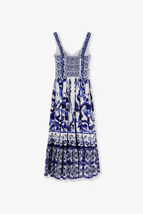 Dolce &amp; Gabbana women’s cotton long dress in white and blue with tile-inspired patterns and thin straps