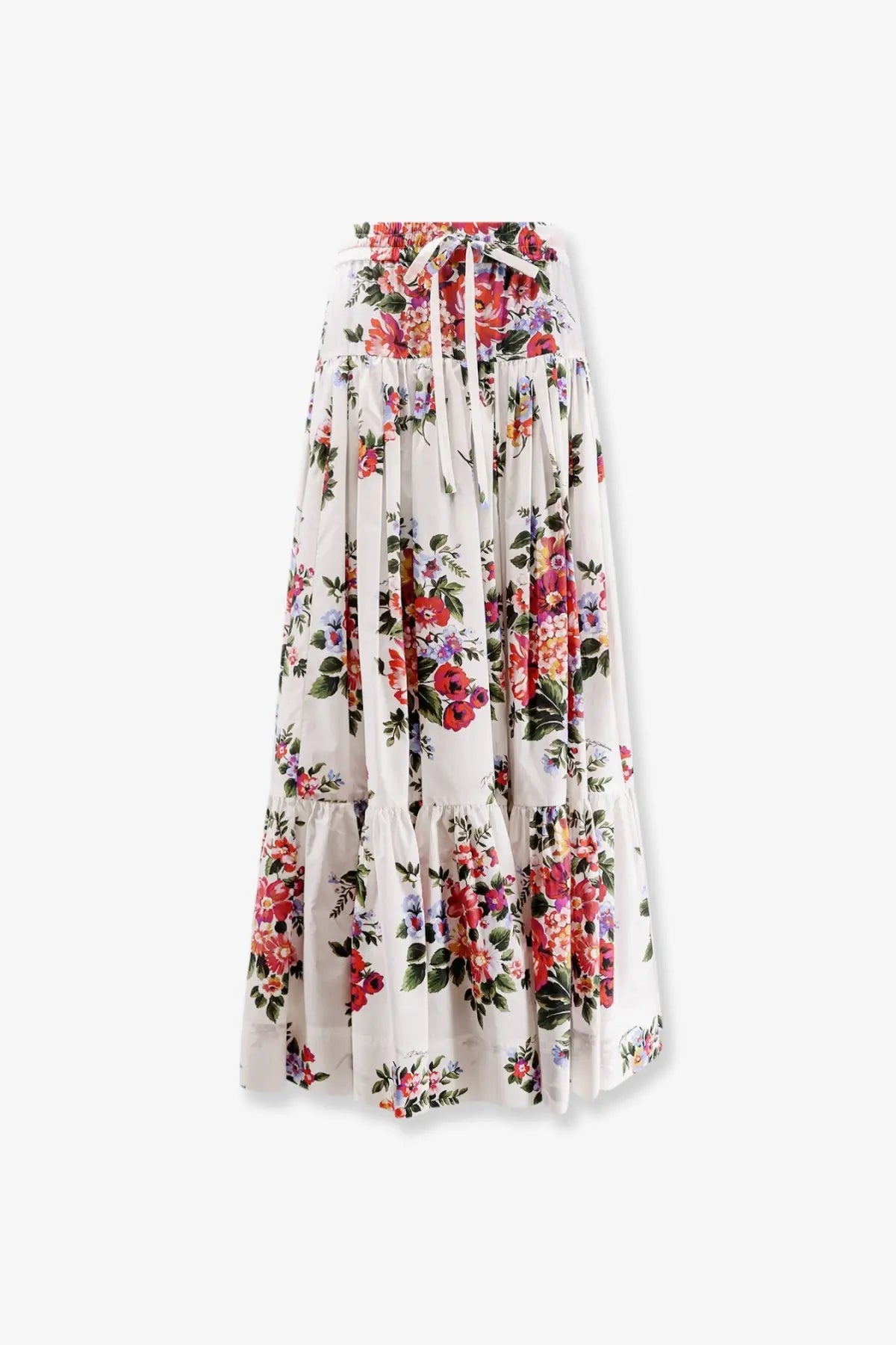 Dolce &amp; Gabbana women’s white cotton long skirt with flowing floral tiered maxi design and fabric waist tie