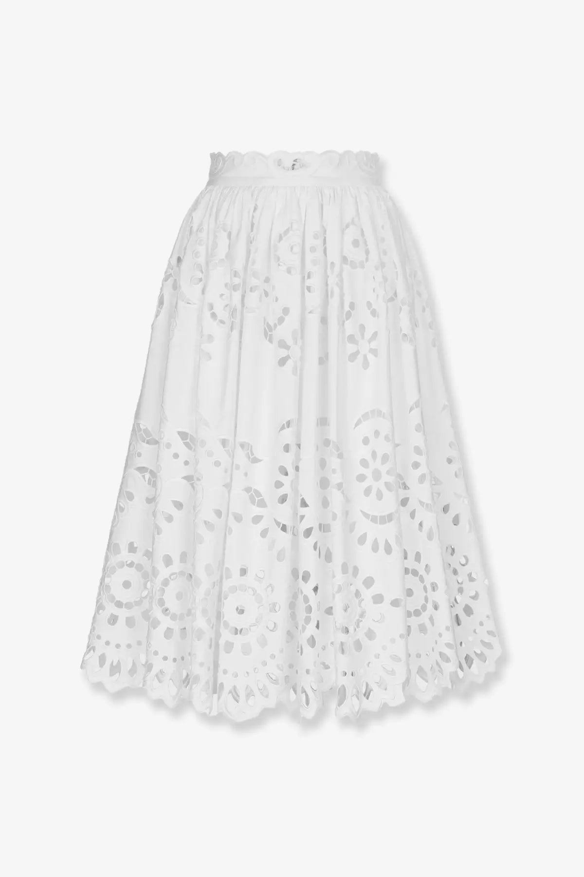 Dolce &amp; Gabbana women’s white cotton midi skirt with delicate eyelet lace floral patterns and scalloped hem
