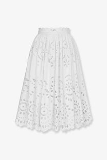 Dolce &amp; Gabbana women’s white cotton midi skirt with delicate eyelet lace floral patterns and scalloped hem