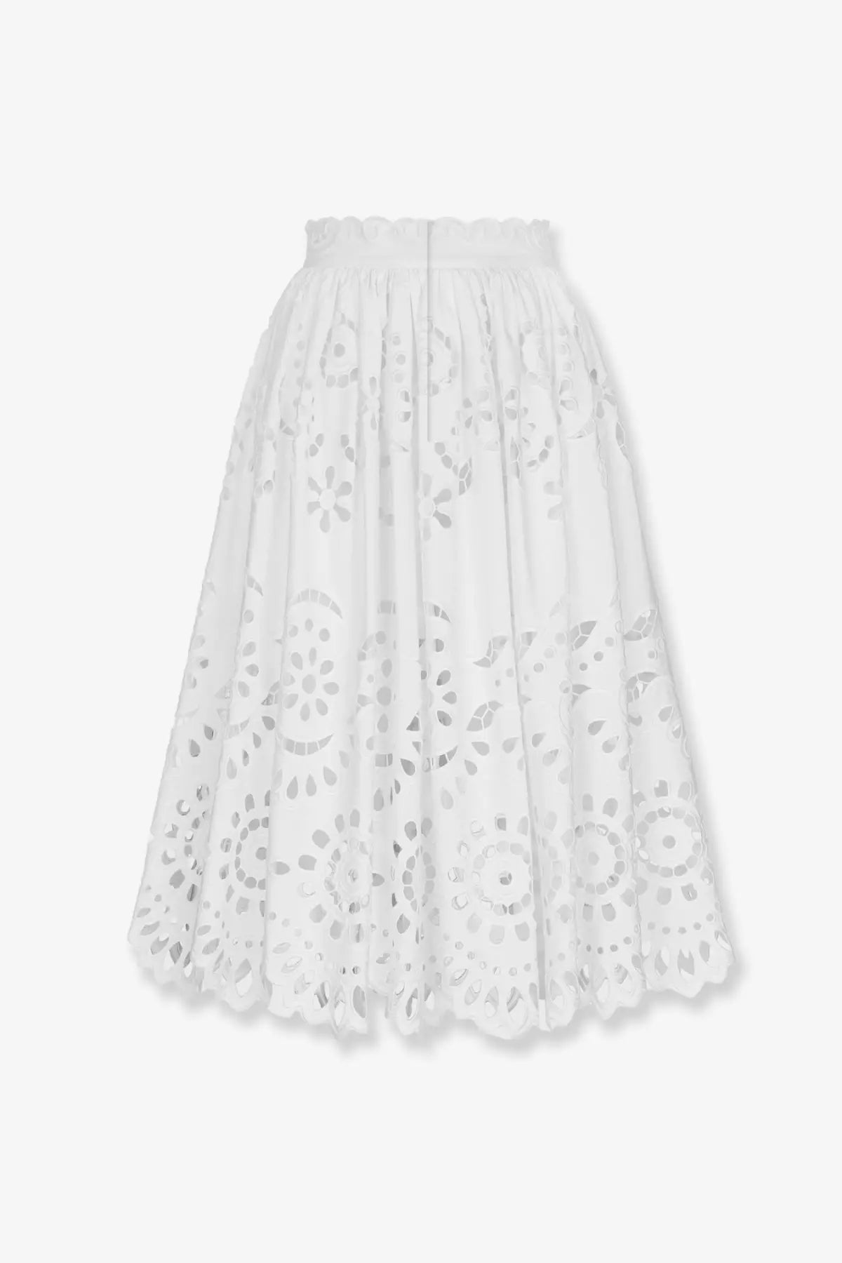 Dolce &amp; Gabbana women’s white cotton midi skirt with white embroidered floral design scalloped hem and elastic waistband