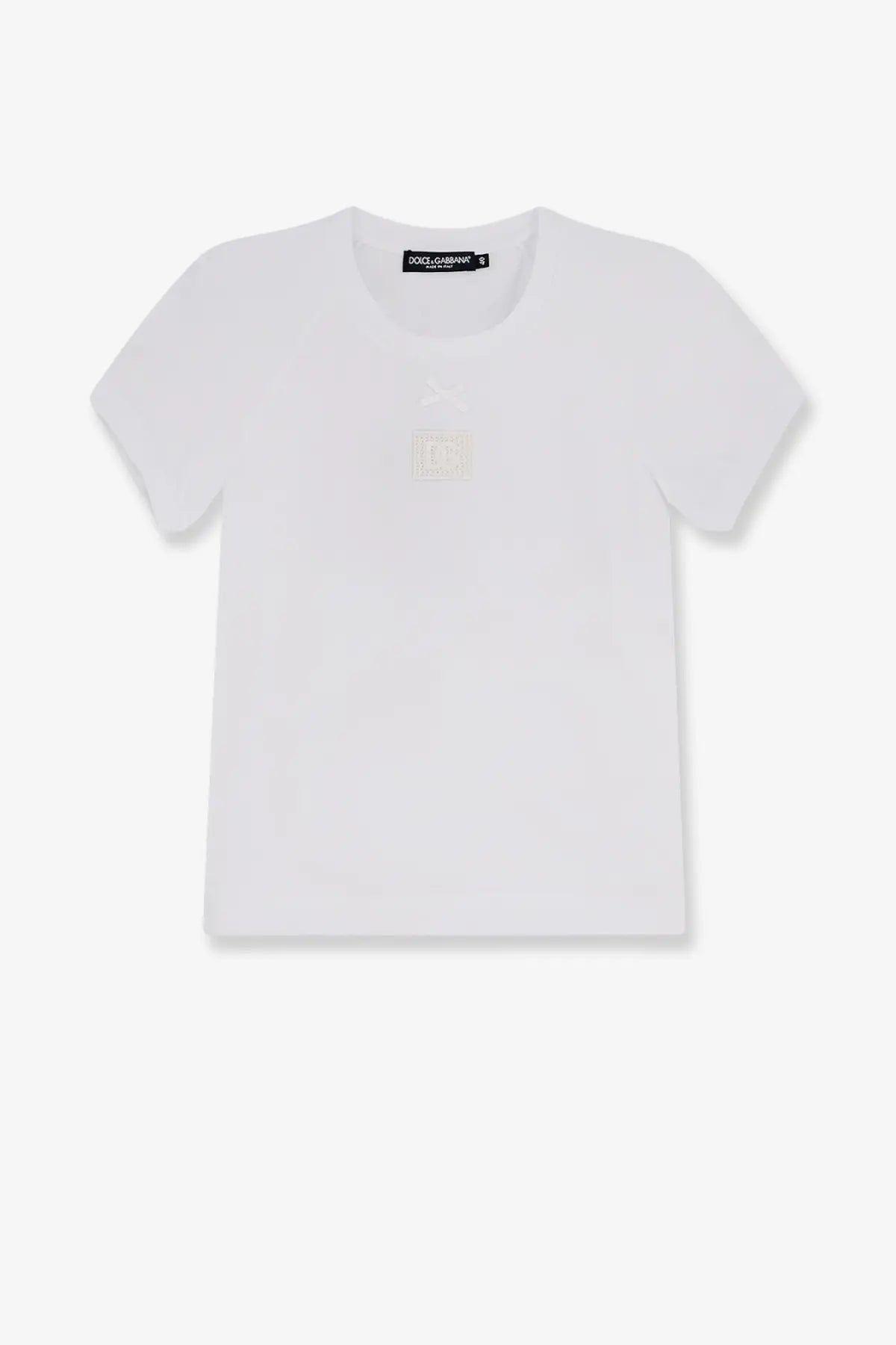 Dolce &amp; Gabbana women’s white cotton t-shirt with subtle shimmering logo embroidered on the chest