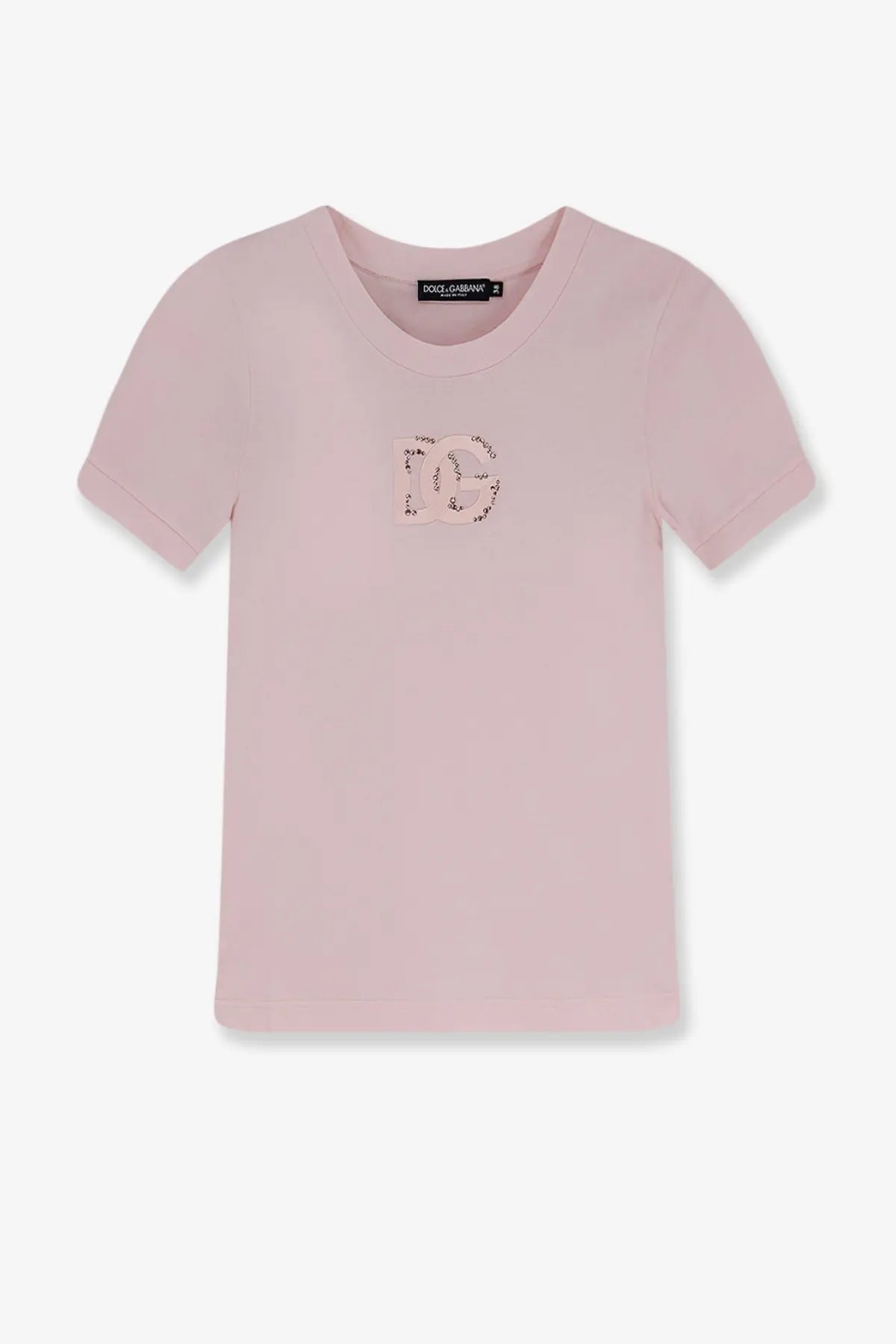 Dolce &amp; Gabbana women’s soft pink cotton t-shirt with a sparkling DG logo embroidered on the chest