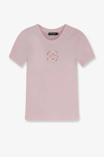 Dolce &amp; Gabbana women’s soft pink cotton t-shirt with a sparkling DG logo embroidered on the chest