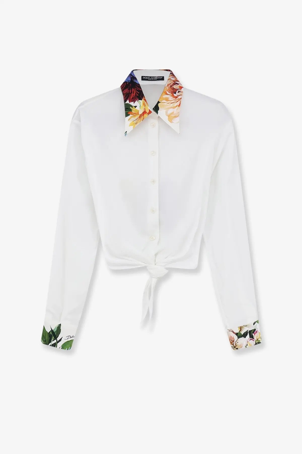 Dolce &amp; Gabbana women’s white cotton blouse with floral collar and cuffs featuring a knotted waist design