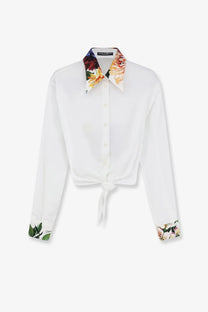 Dolce &amp; Gabbana women’s white cotton blouse with floral collar and cuffs featuring a knotted waist design