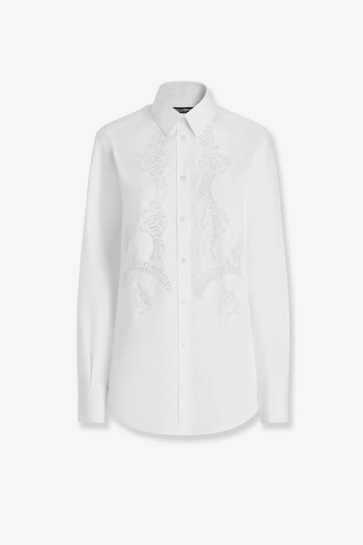 Dolce &amp; Gabbana women’s white cotton shirt with delicate lace detailing along the front placket and sleeves