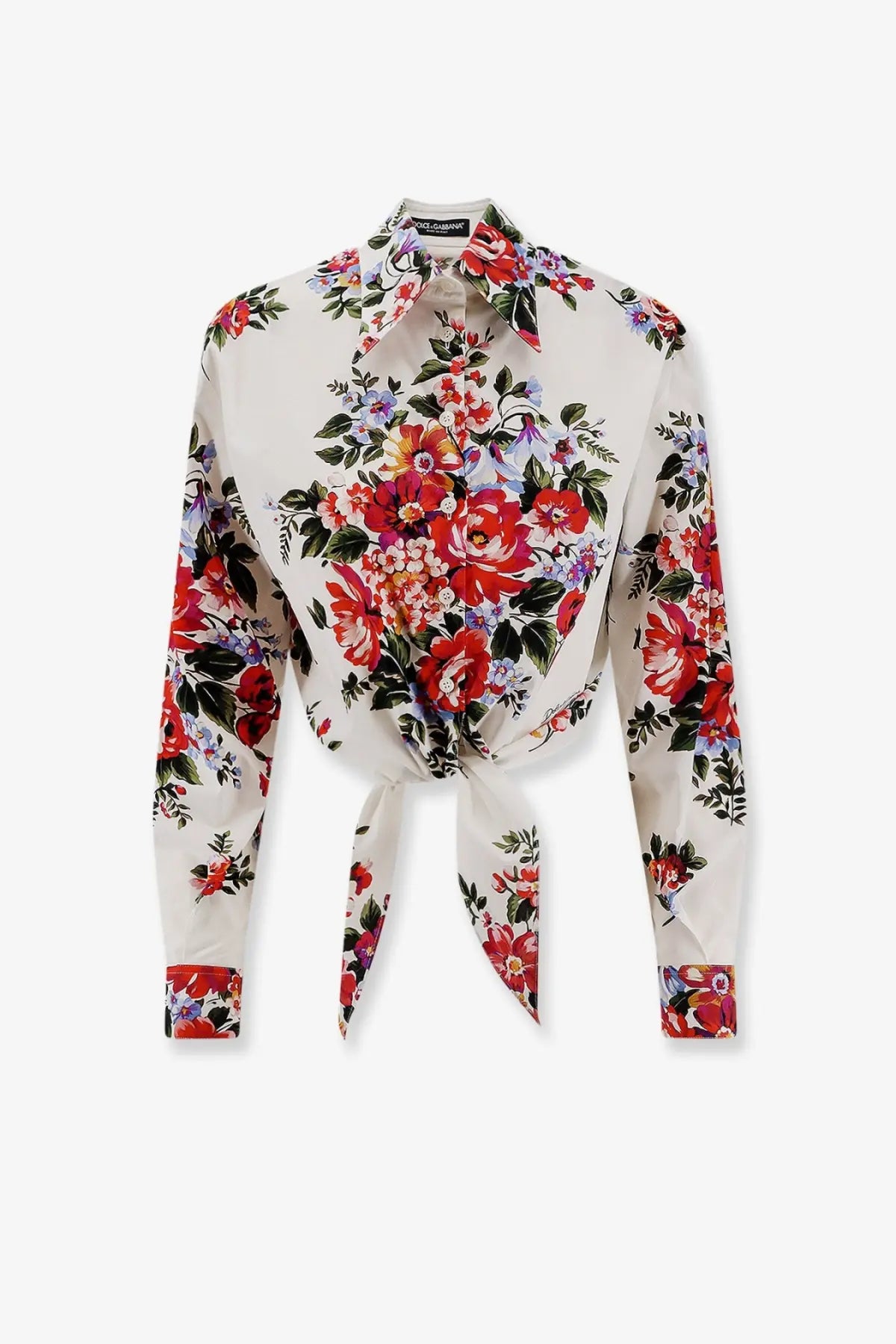 Dolce &amp; Gabbana women’s cotton long-sleeved cream blouse with vibrant red pink and purple floral print tied front