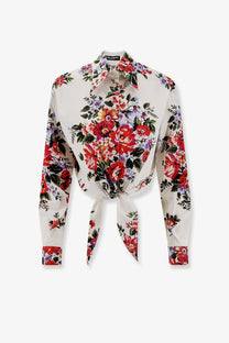 Dolce &amp; Gabbana women’s cotton long-sleeved cream blouse with vibrant red pink and purple floral print tied front