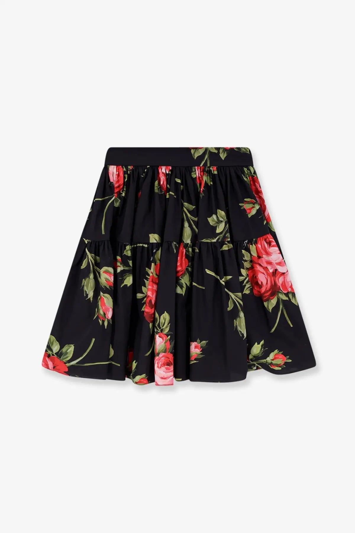 Dolce &amp; Gabbana women’s black cotton skirt with tiered design and vibrant red rose green leaf floral pattern