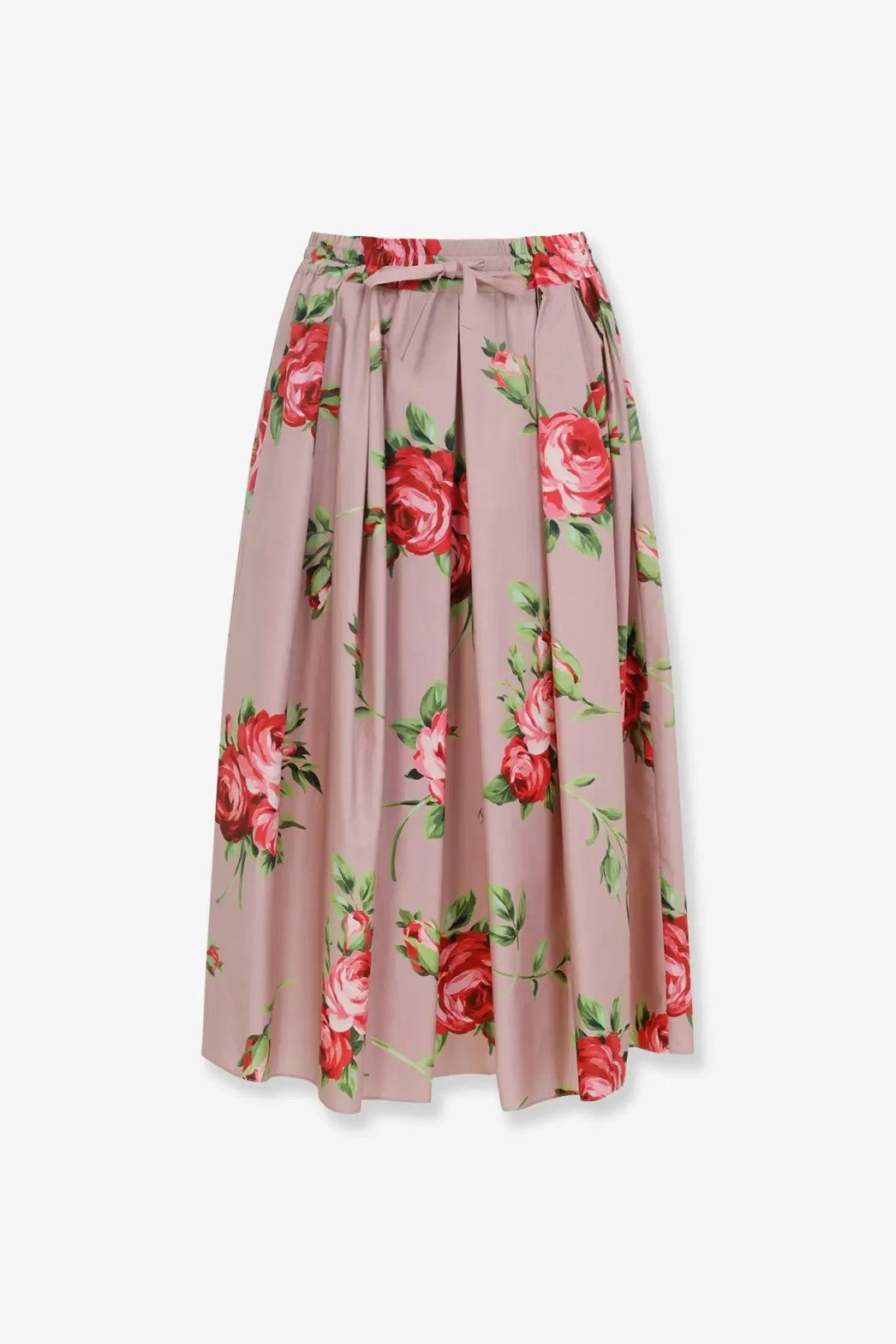 Dolce &amp; Gabbana women’s pink cotton midi skirt with flowing floral design and matching drawstring waistband