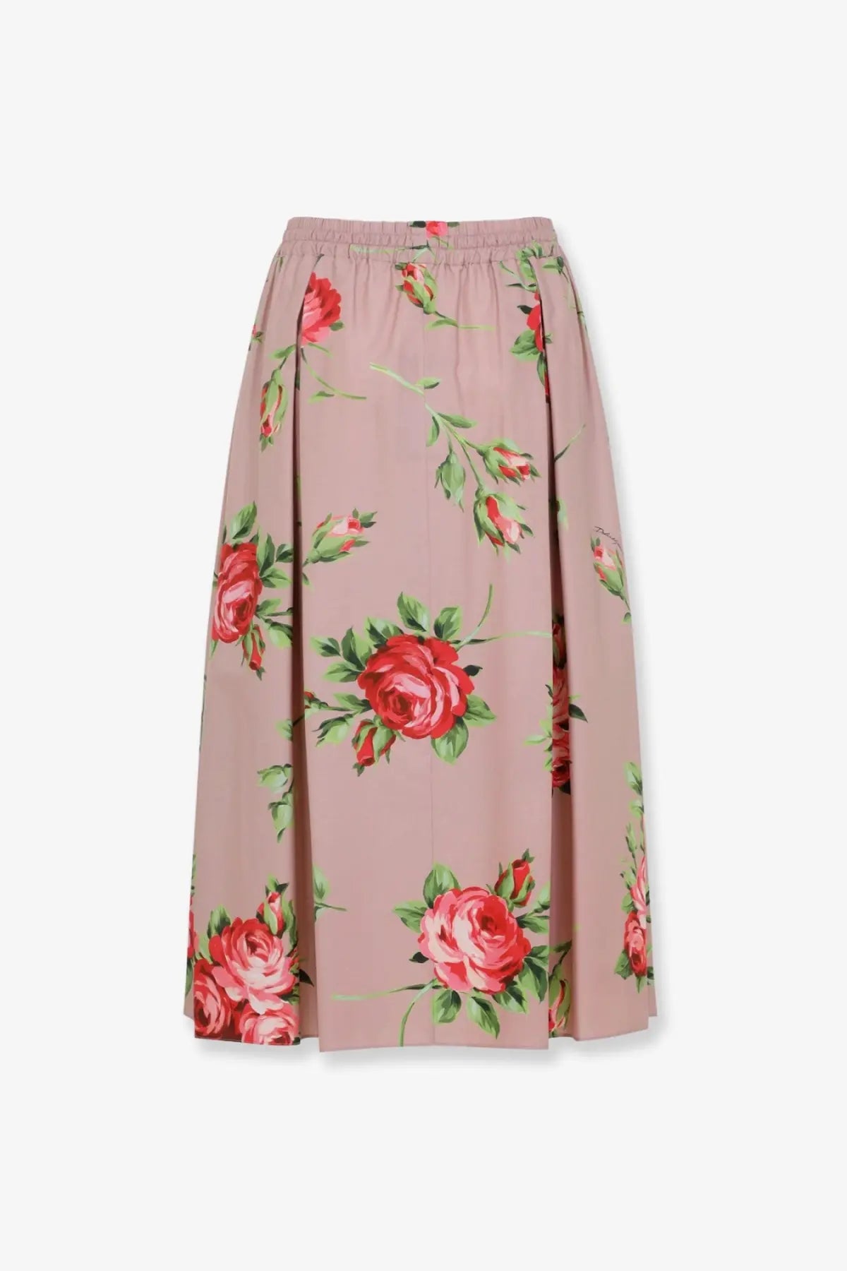 Dolce &amp; gabbana women’s flowing pink cotton midi skirt with vibrant red rose and green leaf floral pattern