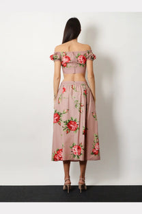 Dolce &amp; gabbana women’s cotton soft pink off-the-shoulder two-piece set with rose print cropped top and midi skirt