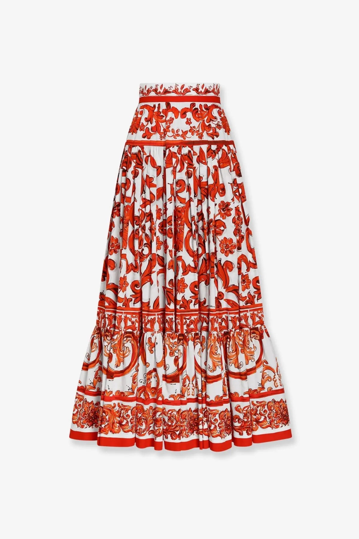 Dolce &amp; Gabbana women’s cotton maxi skirt in vibrant red and white with ornate baroque floral pattern