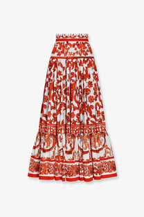 Dolce &amp; Gabbana women’s cotton maxi skirt in vibrant red and white with ornate baroque floral pattern