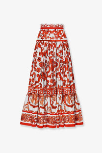 Dolce gabbana women’s cotton midi skirt in vibrant red and white with baroque floral pattern and bold orange accents