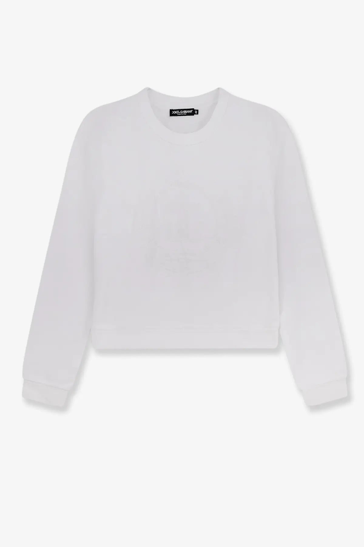 Dolce &amp; Gabbana women’s white cotton cropped sweatshirt with classic crew neck ribbed cuffs and brand label neckline
