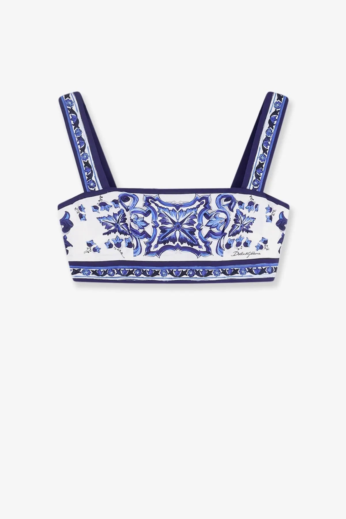 Dolce &amp; Gabbana women’s cotton crop top in white and blue with intricate floral and geometric patterns