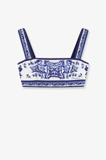 Dolce &amp; Gabbana women’s cotton crop top in white and blue with intricate floral and geometric patterns
