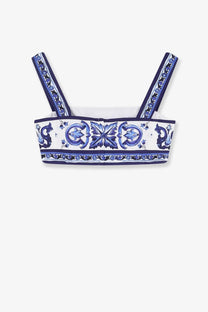 Dolce &amp; Gabbana women’s blue cotton crop top with white floral embroidery on straps and front detailing