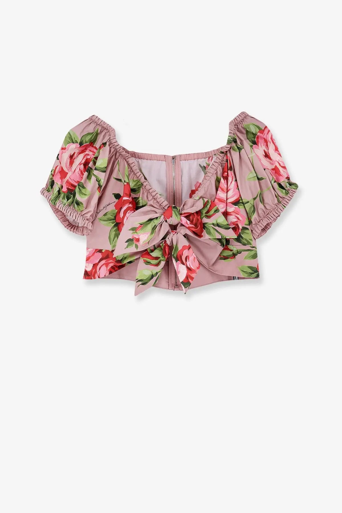 Dolce &amp; Gabbana women’s pink cotton floral crop top with puffed sleeves and central front bow