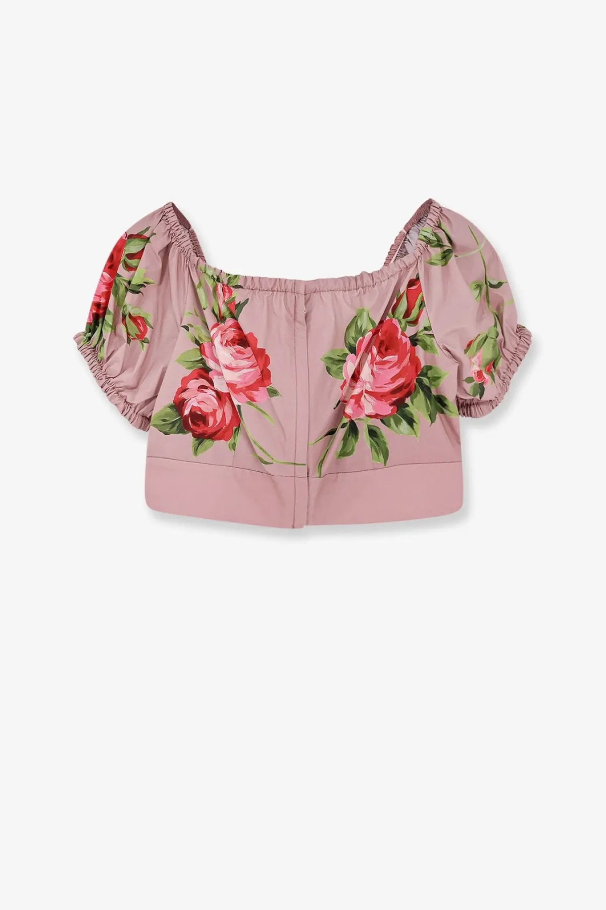 Dolce &amp; Gabbana women’s pink cotton crop top with puffy sleeves and red rose print with square neckline