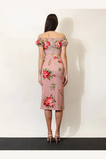 Dolce &amp; Gabbana women’s pink cotton off-the-shoulder top with red roses and green leaves on satin-like fabric