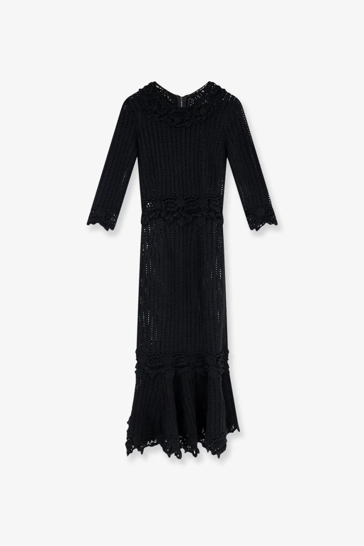 Dolce &amp; Gabbana women’s black crochet fabric long dress with three-quarter sleeves and a flared hem