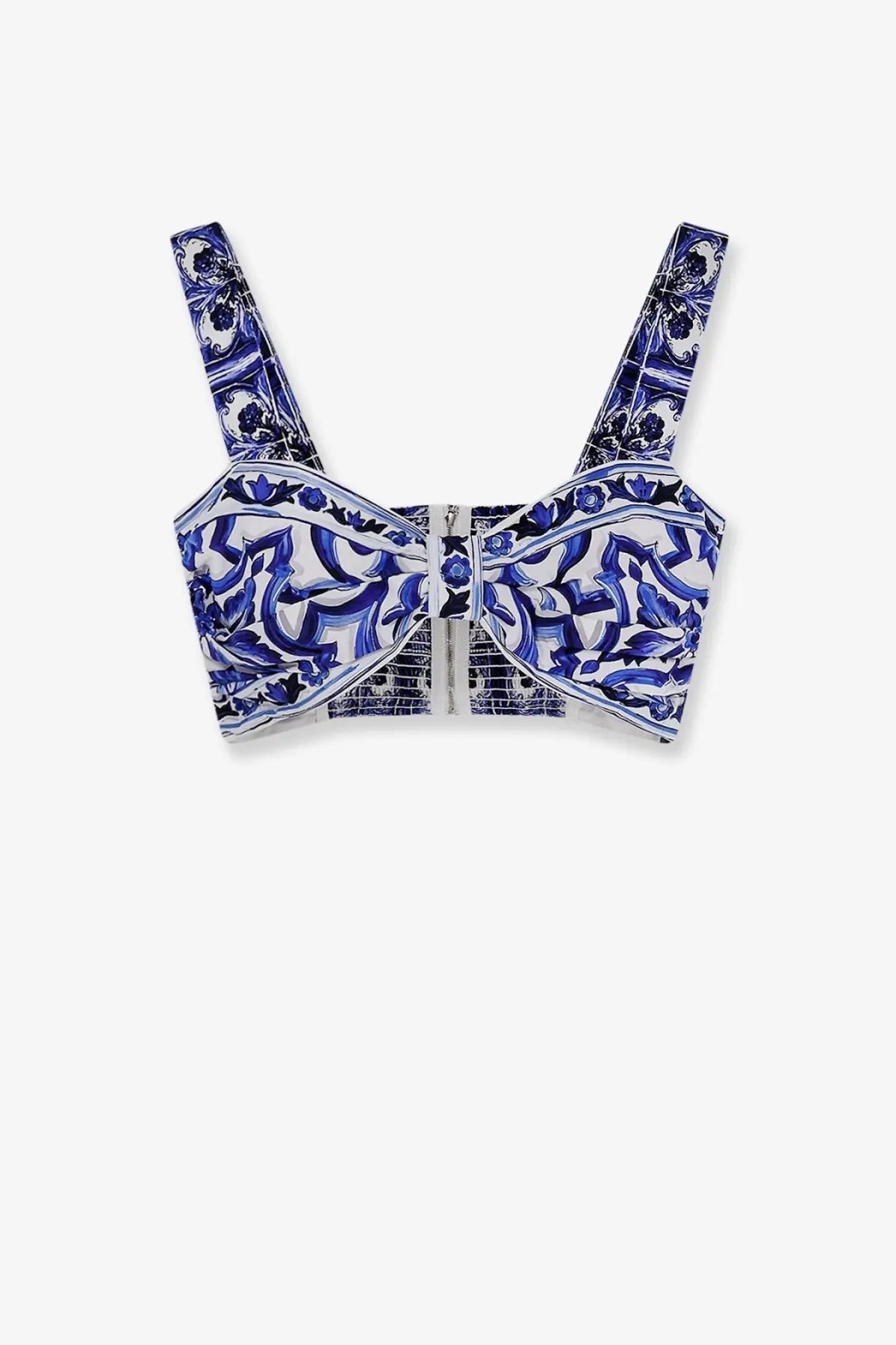 Dolce &amp; Gabbana women’s blue and white patterned cropped cotton top with central zipper closure