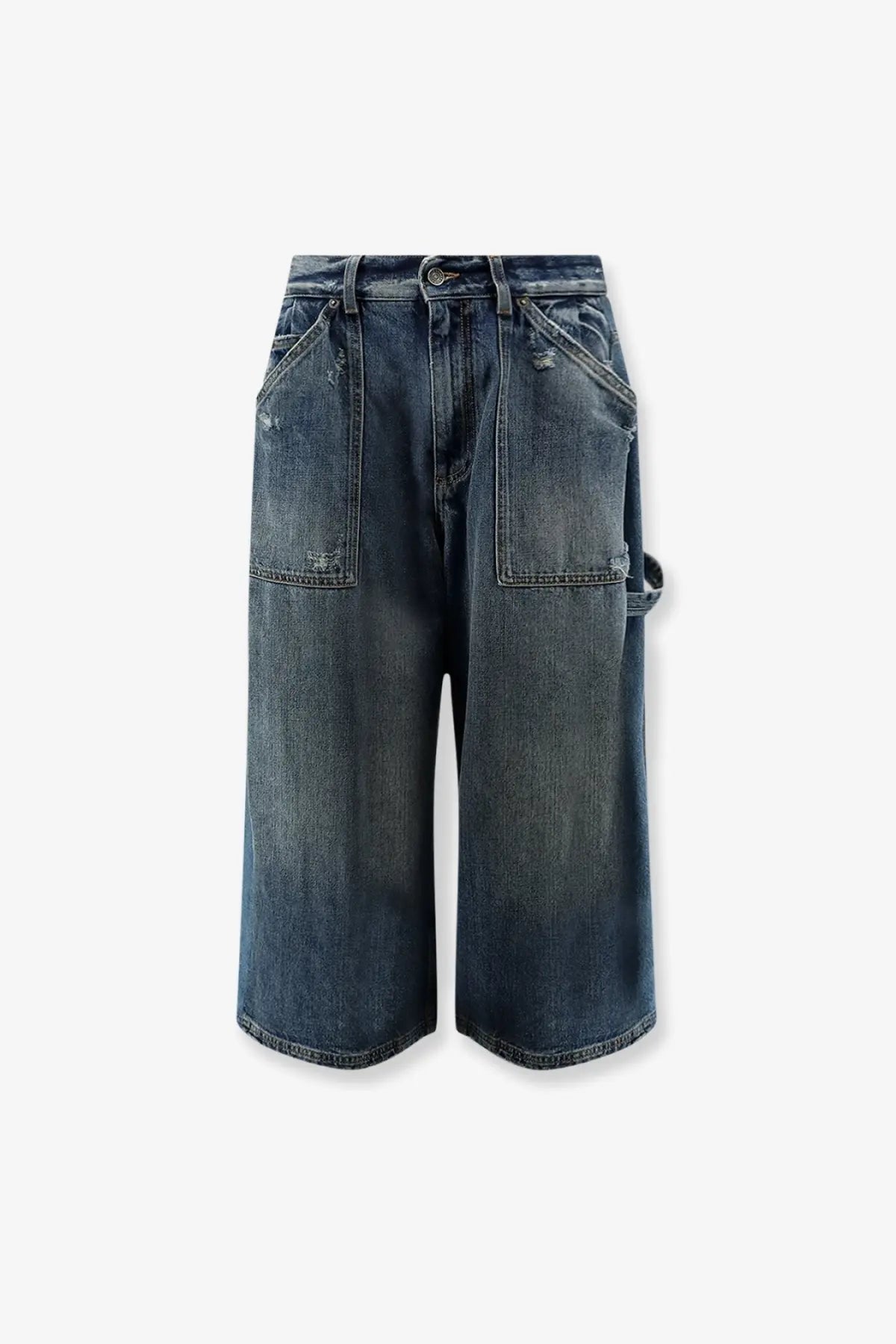 Dolce &amp; Gabbana women’s dark-wash denim bermuda shorts with a relaxed wide-leg cut and distressed details