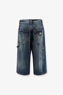 Dolce &amp; Gabbana women’s blue dark-wash denim bermuda shorts with a relaxed wide-leg cut and distressed details