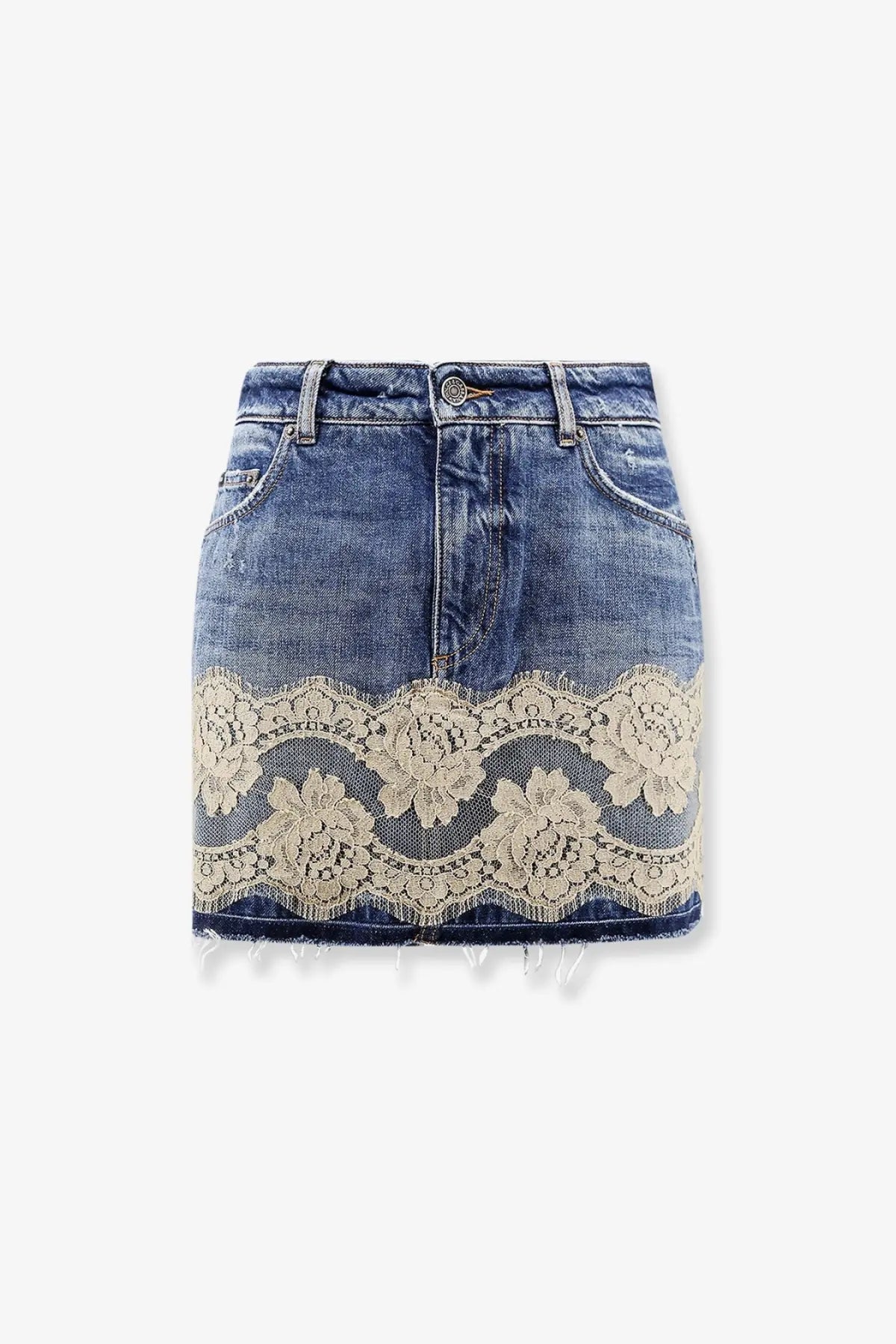 Dolce &amp; Gabbana women’s blue denim mini skirt with cream floral lace trim and frayed hem edges