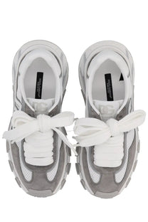 Dolce &amp; Gabbana women’s dg country road sneaker grey with gray and white suede upper mesh panels and thick rubber soles