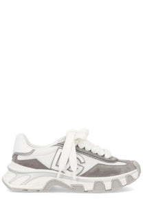 Dolce &amp; Gabbana women’s dg country road sneaker grey with white and gray suede mesh and chunky sole featuring silver dg logo