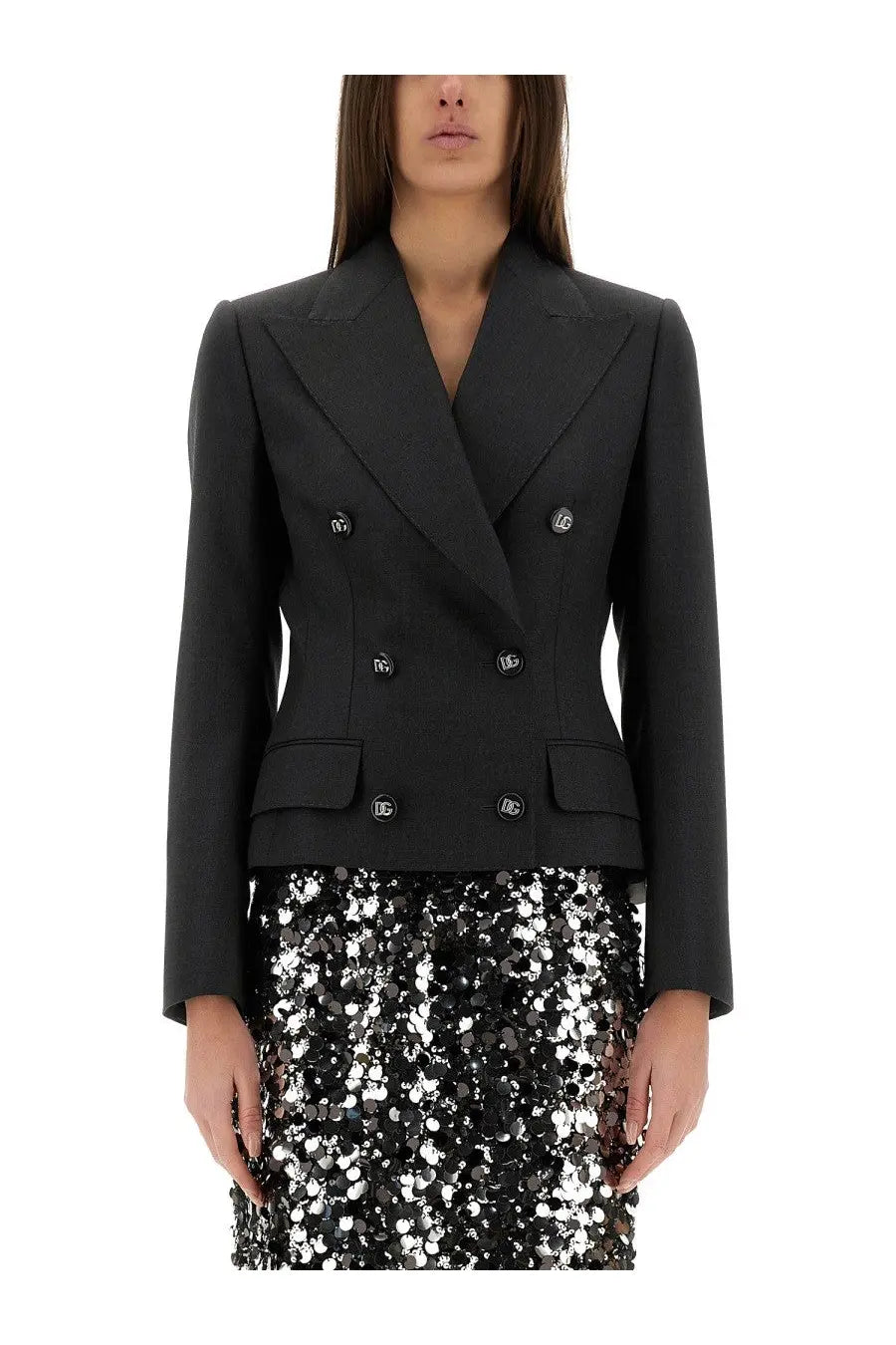 Dolce &amp; Gabbana women’s double breasted black blazer with silver toned buttons and tailored fit