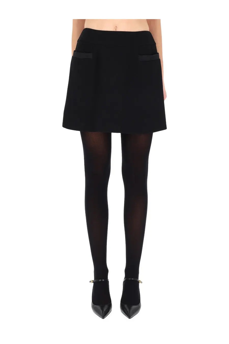 Dolce &amp; Gabbana women’s black high-waisted mini skirt in double crepe with flared hem and satin pocket trim