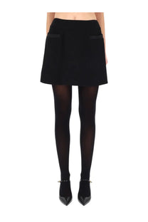 Dolce &amp; Gabbana women’s black high-waisted mini skirt in double crepe with flared hem and satin pocket trim
