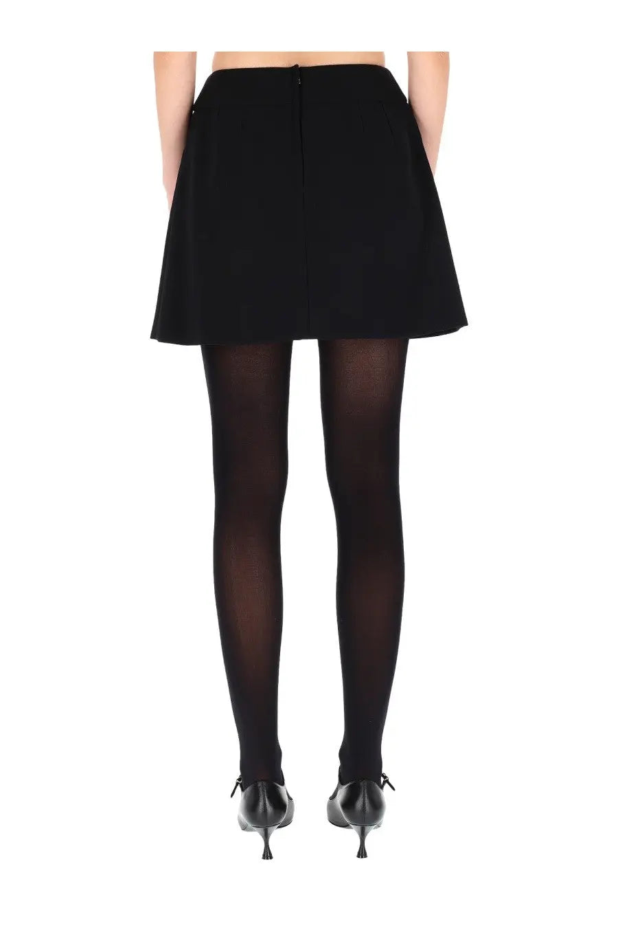 Black high-waisted flared double crepe skirt with central back zipper by dolce &amp; gabbana shown from back side