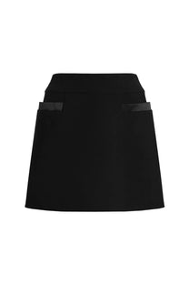 Dolce &amp; Gabbana women’s black double crepe basque mini skirt with sleek tailored design and satin trim on front pockets