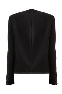 Dolce &amp; Gabbana women’s black double crepe single breasted blazer with a sleek structured silhouette and subtle sheen