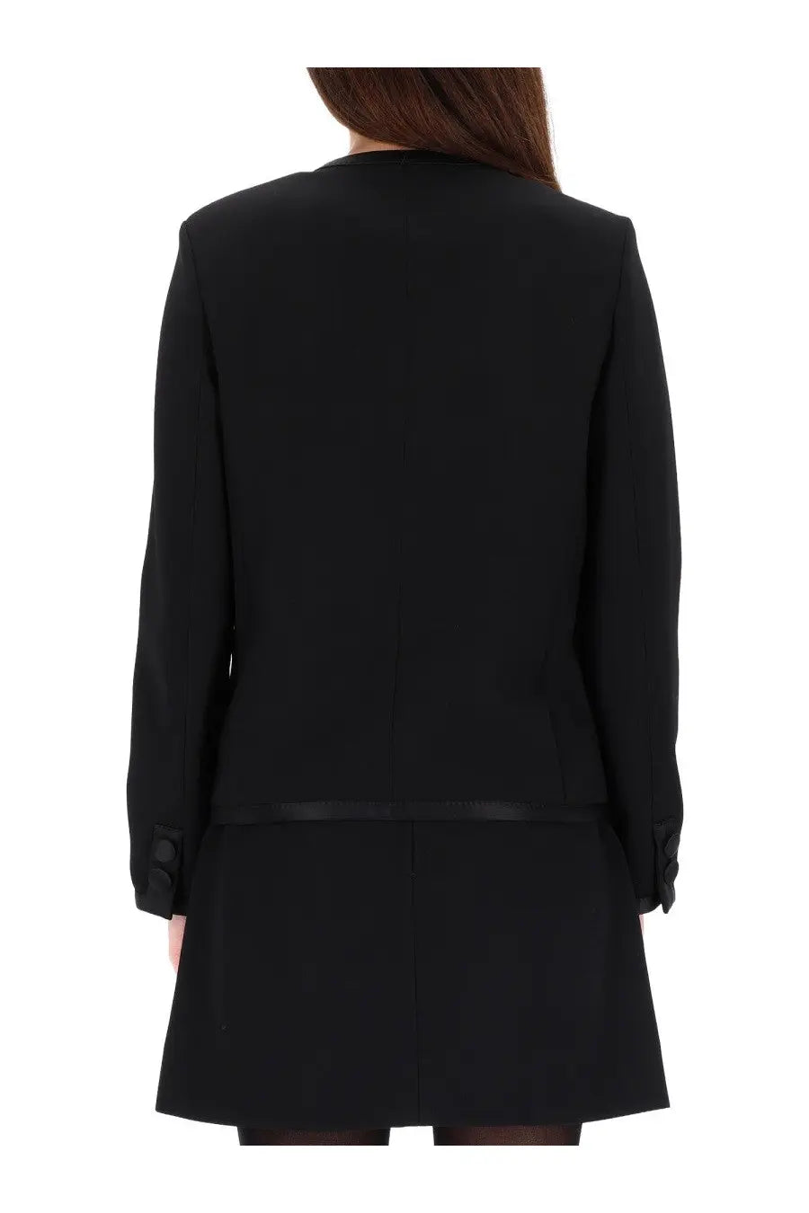 Dolce &amp; Gabbana women’s black double crepe tailored blazer with sleek silhouette and satin trim at the waistband