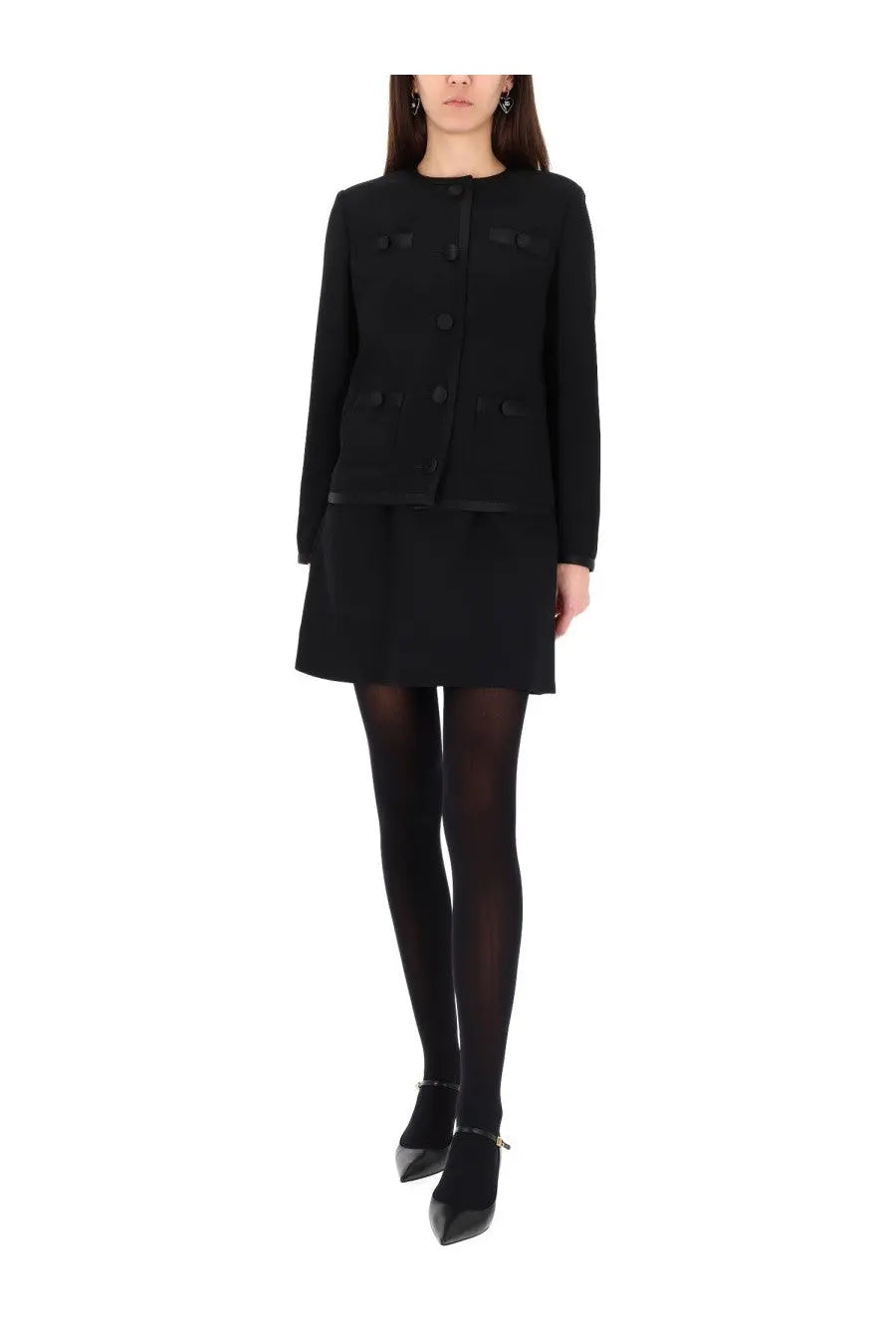 Dolce &amp; Gabbana women’s black double crepe tailored jacket with structured shoulders and button details