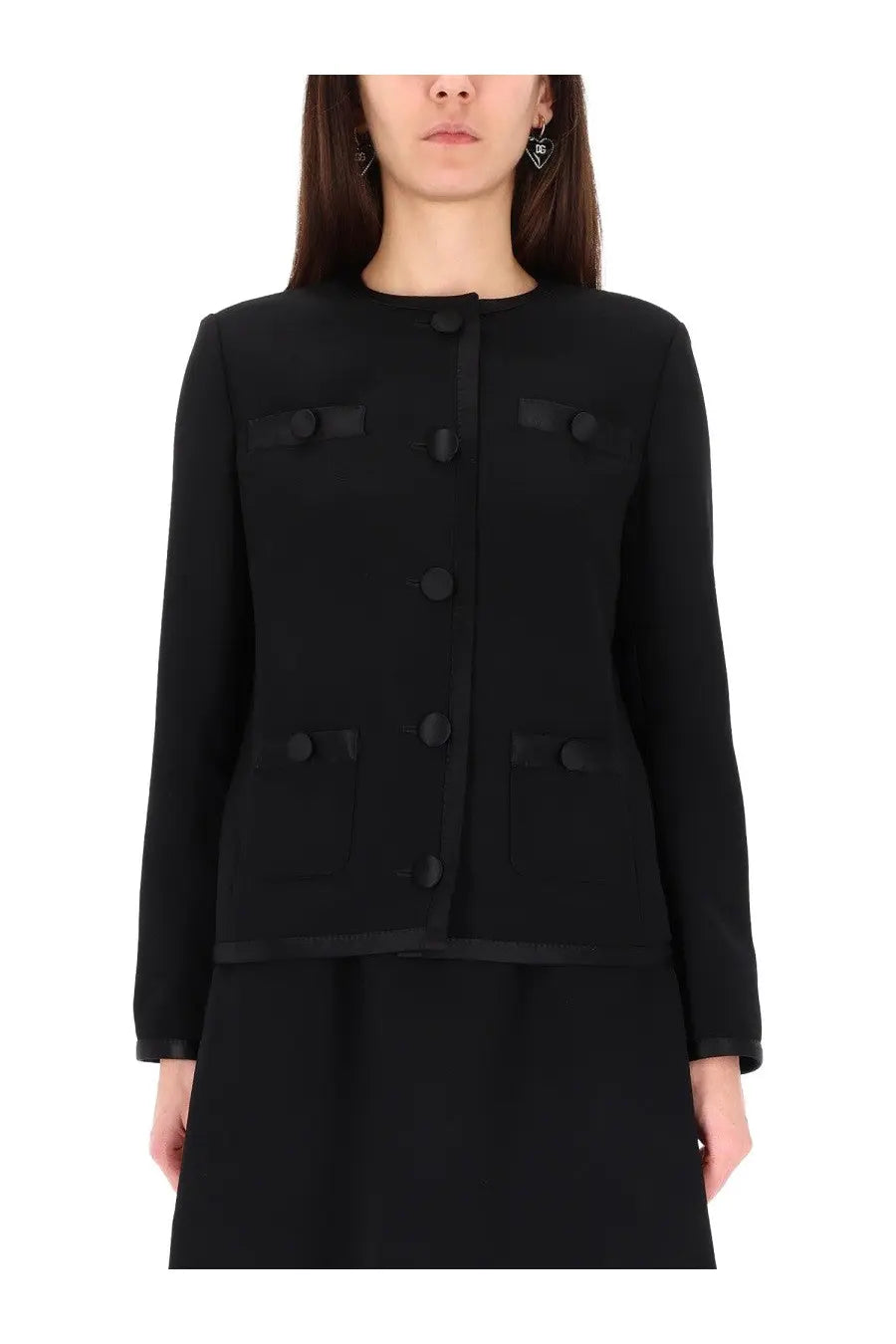 Dolce and Gabbana women’s black double crepe single breasted jacket with buttoned flap pockets and matching buttons