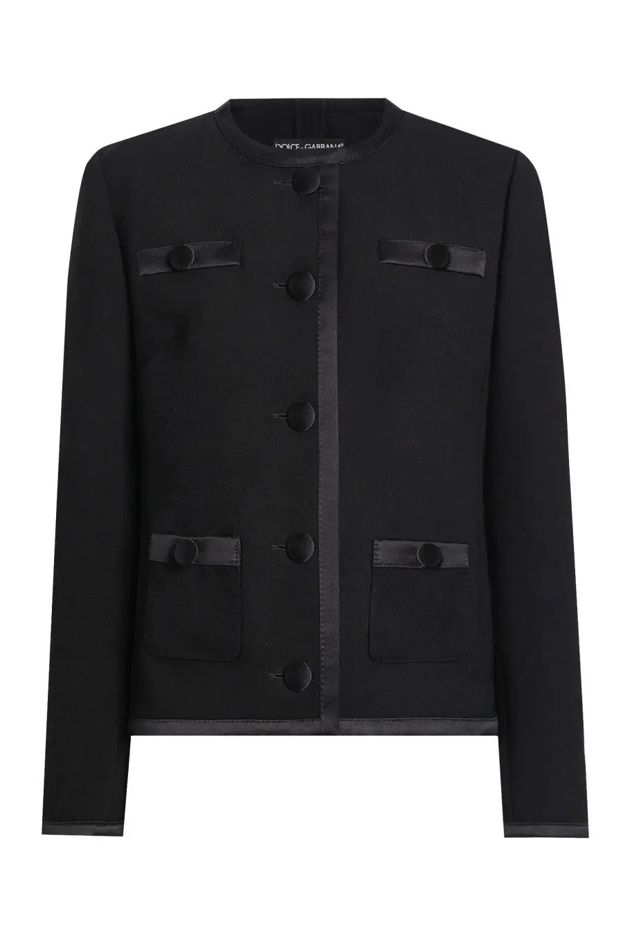 Dolce &amp; Gabbana women’s black double crepe jacket with satin trim and buttoned flap pockets