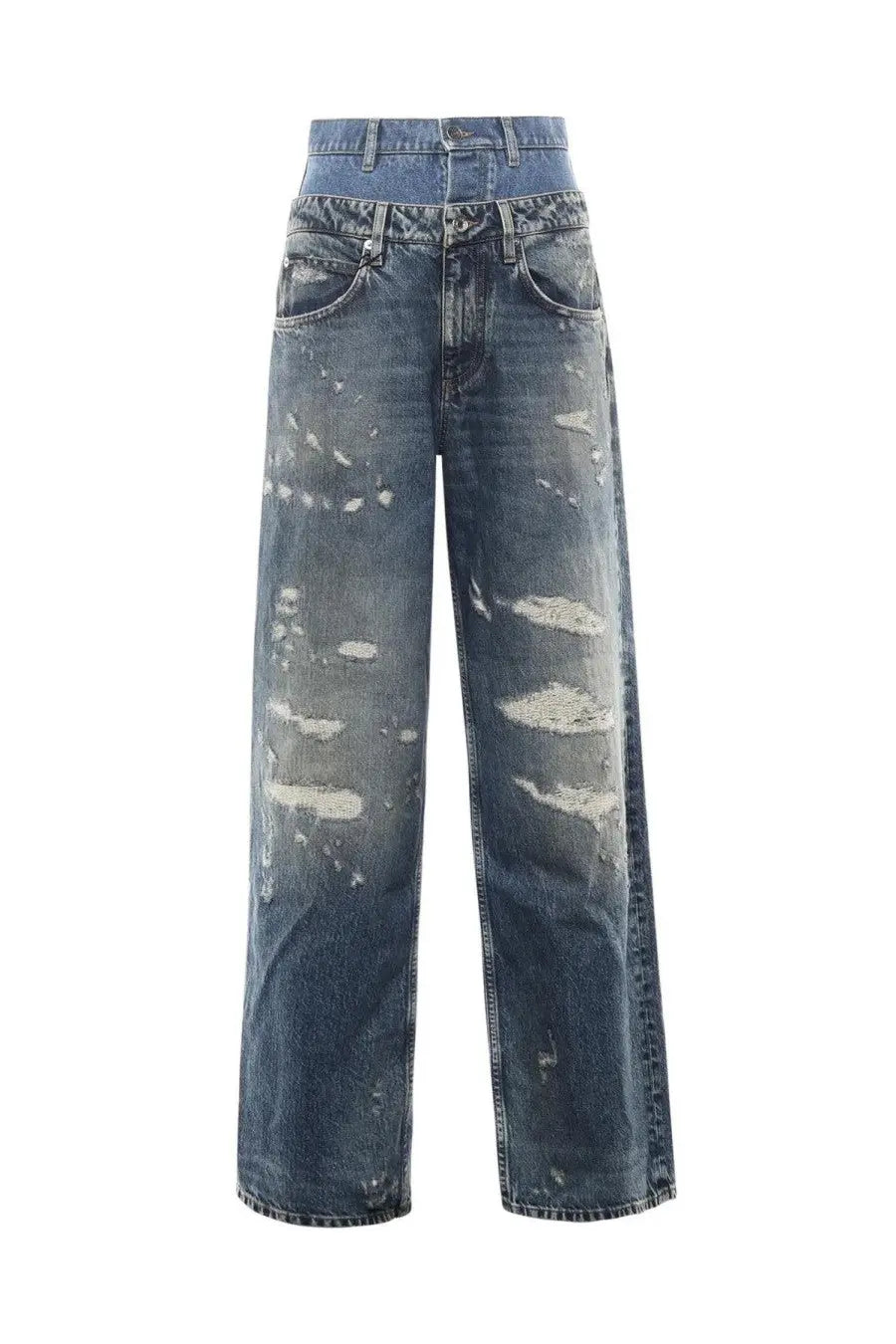 Dolce &amp; Gabbana women’s distressed blue double layer denim jeans with high waist and wide-leg cut