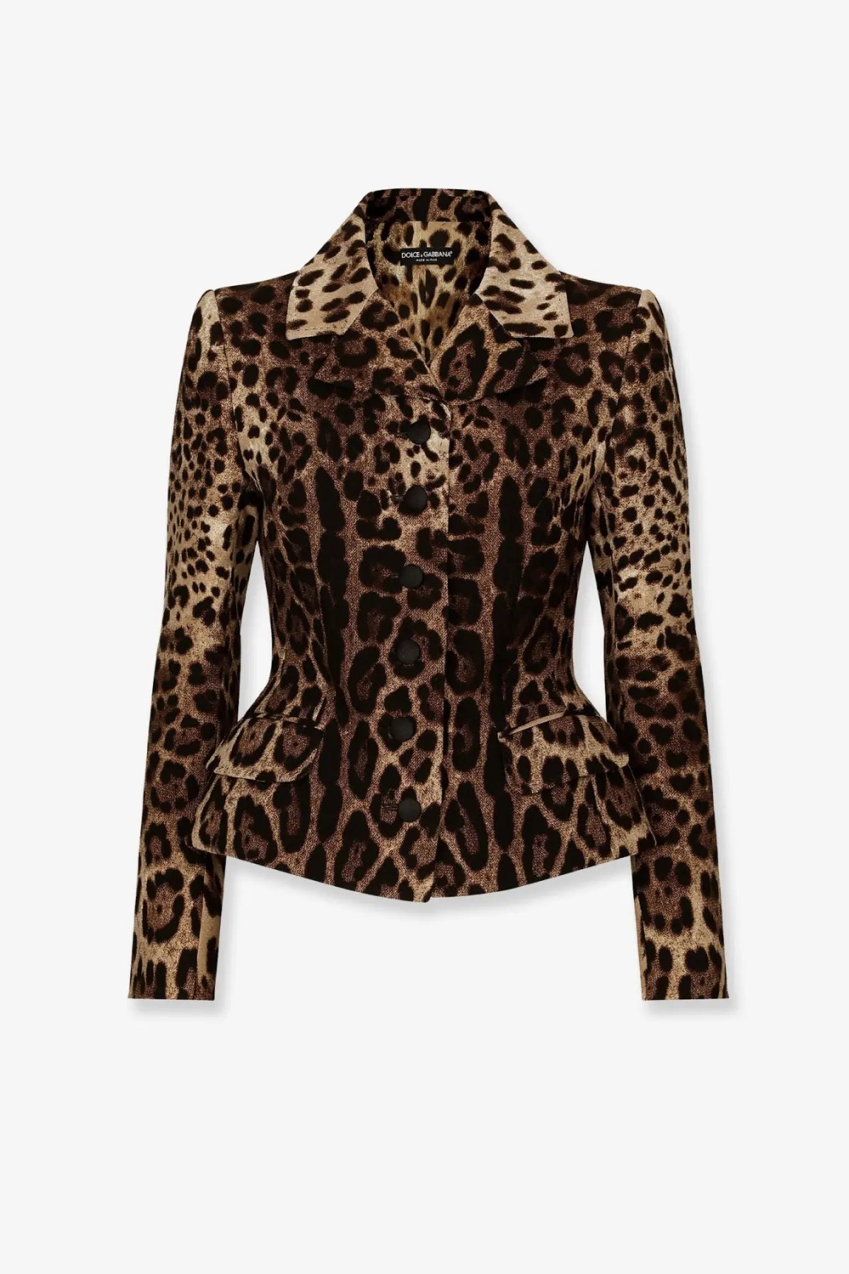 Dolce and gabbana women’s fitted wool crêpe blazer with bold brown and black leopard print and peplum waist detailing